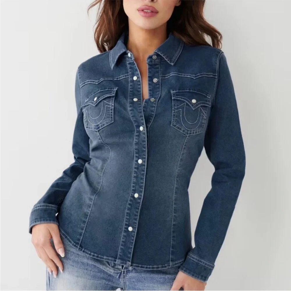 True Religion Chambray Western Denim Shirt Shacket Dark‎ Pearl Snap Button New M - Picture 2 of 13